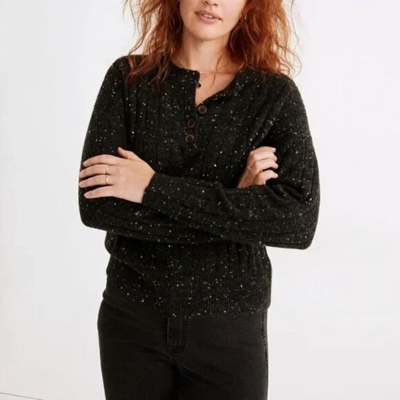 NEW Madewell Donegal dowden Henley Sweater in Coziest Yarn, black, plus size 3X - Picture 2 of 16